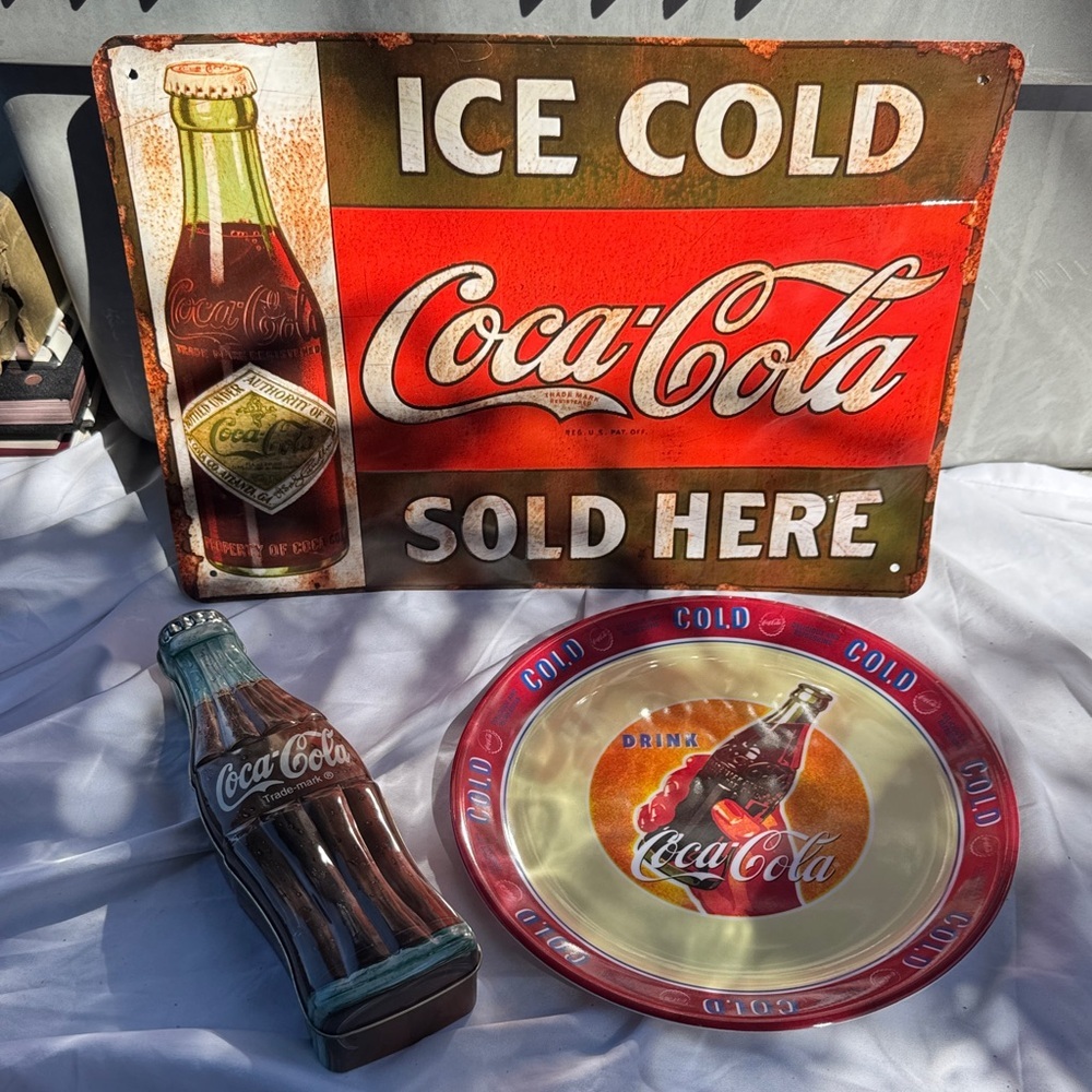 Coca-Cola Decor Set, Tin Box, Plate and Metal Wall Sign